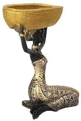 African Lady Tokri Sculpture | Gold Finish Decorative Basket Showpiece