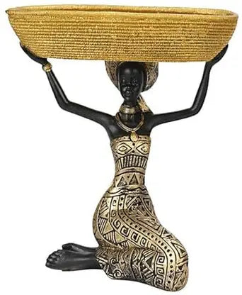 African Lady Tokri Sculpture | Gold Finish Decorative Basket Showpiece