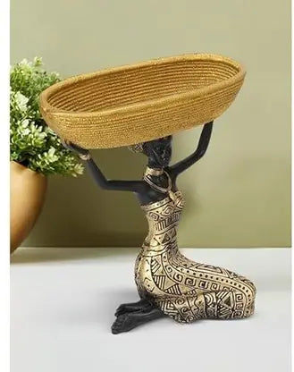 African Lady Tokri Sculpture | Gold Finish Decorative Basket Showpiece