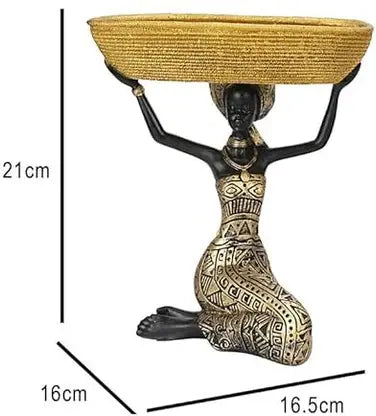 African Lady Tokri Sculpture | Gold Finish Decorative Basket Showpiece