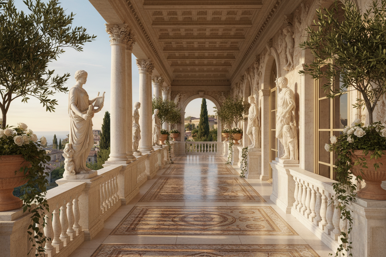 A balcony decorated with staues